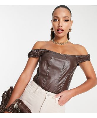 Missguided Tall contrast stitch faux leather bodysuit in brown