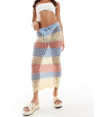 Missy Empire crochet maxi beach skirt in pastel stripe-Blue