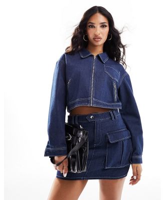 Missy Empire cropped zip through denim jacket in indigo (part of a set)-Navy