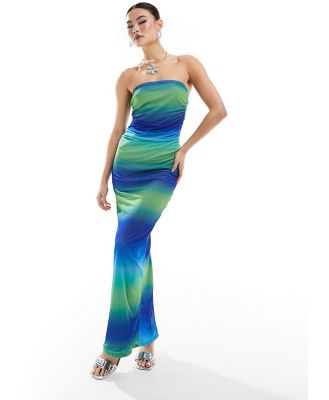 Missy Empire exclusive bandeau mesh ruched maxi dress in blue and green ombre-Multi