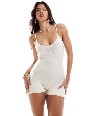 Missy Empire knitted cami unitard playsuit in cream-White