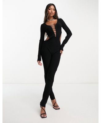 Missy Empire knitted ladder detail jumpsuit with open back in black
