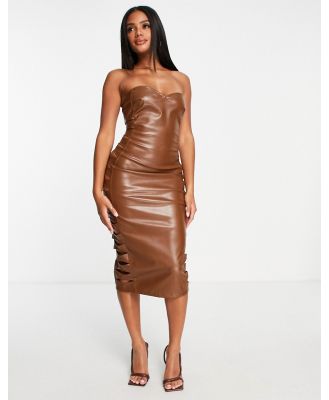 Missy Empire leather look bandeau cut out midi dress in brown-Brunette
