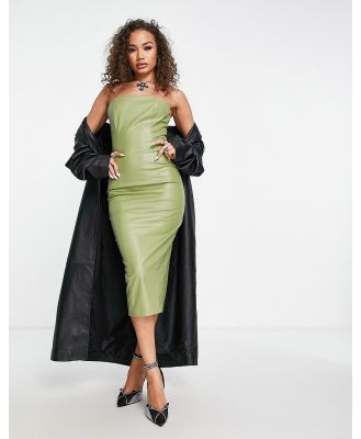 Missy Empire leather look bandeau midi dress in olive-Green