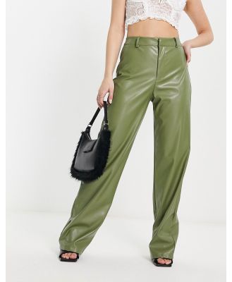 Missy Empire leather look straight leg pants in olive-Green