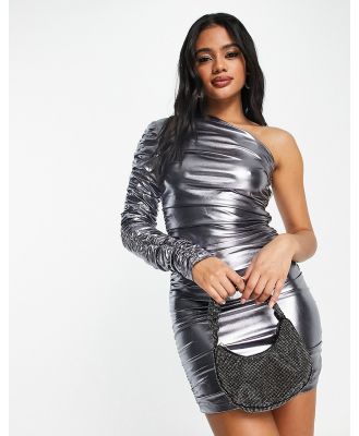 Missy Empire one shoulder foil mini dress in silver