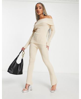 Missy Empire ribbed knit flared pants in stone (part of a set)-Neutral