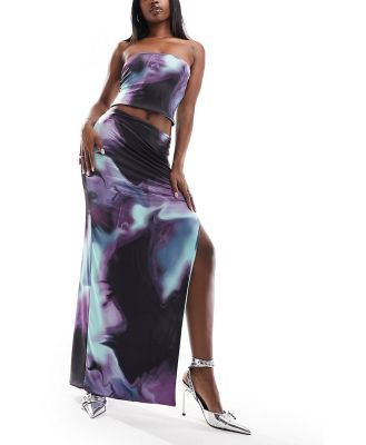 Missy Empire slinky maxi side split maxi skirt in purple marble print (part of a set)-Multi