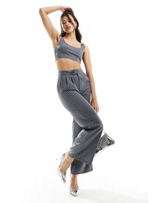 Missy Empire tailored wide leg pants in grey pinstripe (part of a set)-Multi