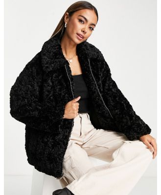 Monki curly faux fur boxy jacket in black
