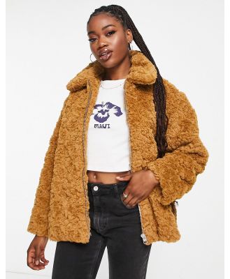 Monki curly faux fur boxy jacket in brown