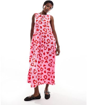 Monki sleeveless midi flounce dress with back tie up detail in pink with red hearts