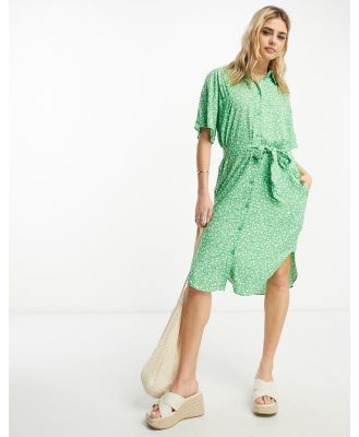 Monki tie waist midi shirt dress in green meadow