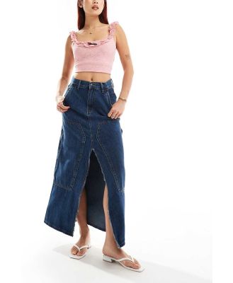 Moon River front slit denim midi skirt in mid blue