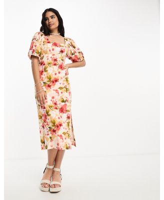Moon River square neck puff sleeve midi dress in orange floral