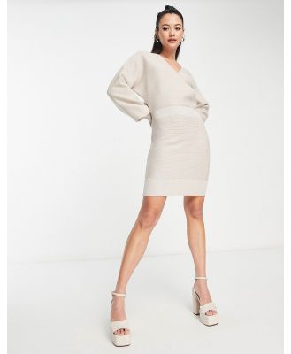 Morgan knitted wrap front mini dress in stone-Neutral
