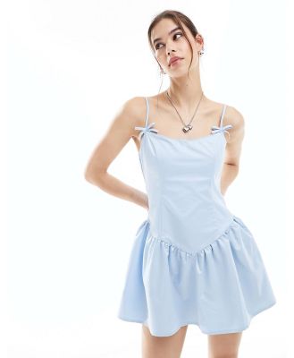 Motel bow detail lace trim mini dress in powder blue