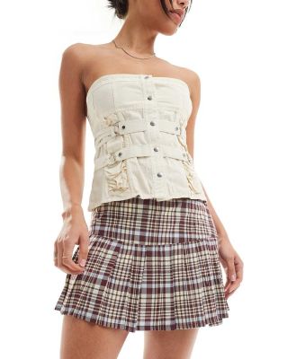 Motel check print mini pleated skirt in multi-Brown