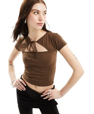 Motel cut-out tie front crop top in cocoa-Green
