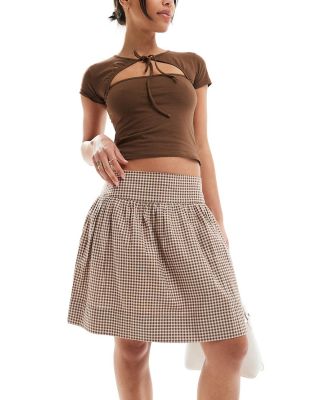 Motel gingham knee length skirt in brown