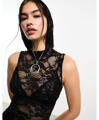 Motel hooded stretch lace top in black (part of a set)