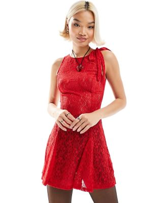 Motel lace bow-detail mini dress in red