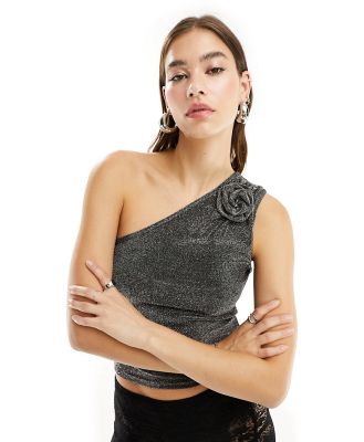 Motel metallic one shoulder corsage detail top in silver