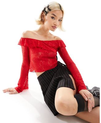 Motel off-shoulder lace long sleeve top in red