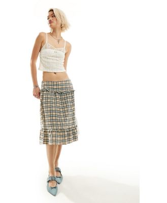 Motel ruffle check print knee length skirt in pastel blue