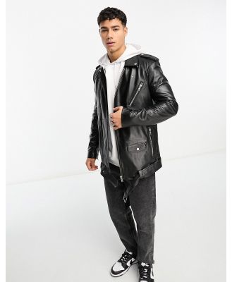 Muubaa leather longline belted biker jacket in black