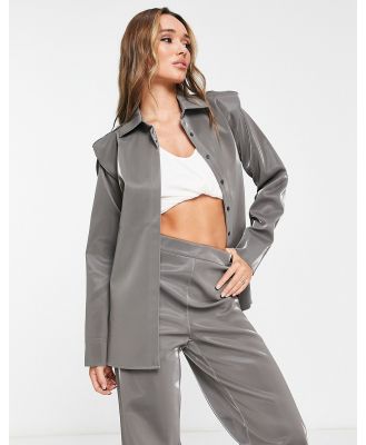 NA-KD oversized shirt with hidden buttons in liquid silver (part of a set)