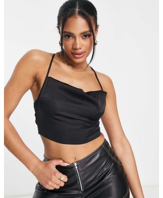 NaaNaa cowl neck back detail satin crop top in black