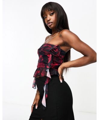 NaaNaa mesh bandeau top with ruffle detail in black rose print (part of a set)