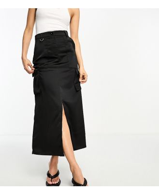 NaaNaa Petite satin midi skirt with cargo pockets in black