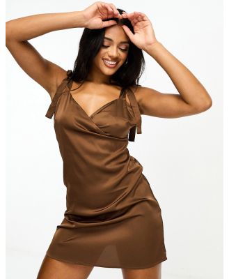 NaaNaa satin a-line wrap mini dress in brown