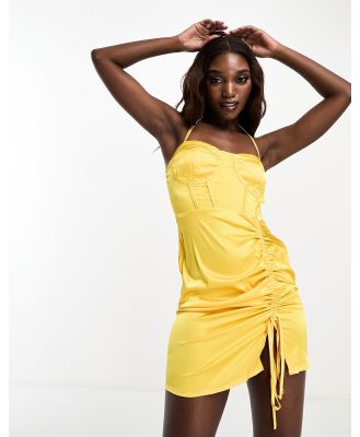 NaaNaa satin corset detail mini dress with ruched skirt in yellow