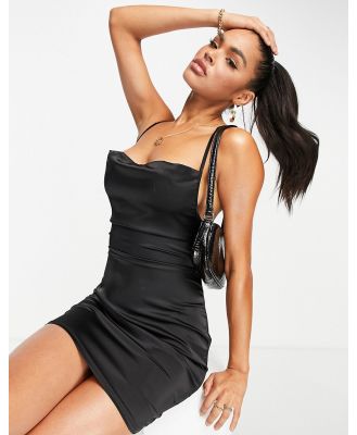 NaaNaa satin cowl neck mini dress with tie back detail in black