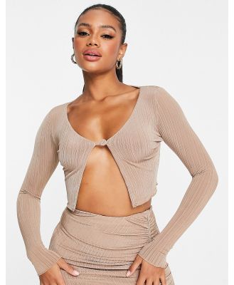 Naked Wardrobe long sleeve open cropped top in tan-Brown
