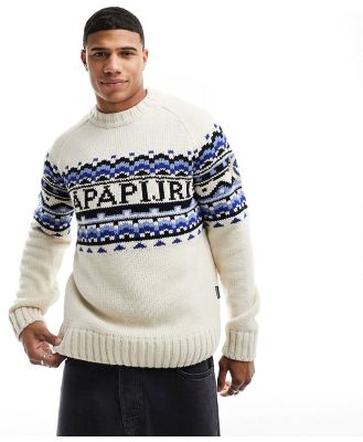 Napapijri Horlick fair isle knitted jumper in off white and blue