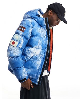Napapijri Raspeball puffer jacket with logo patches in snow print-Blue