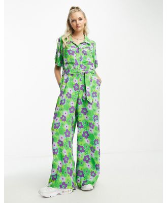 Native Youth bold floral belted boilersuit in green and purple-Multi