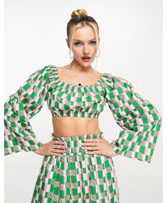 Native Youth cotton geo print bell sleeve bralet top in green (part of a set)