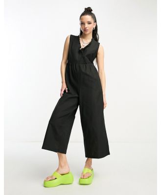 Native Youth linen cross over wide leg jumpsuit in black-Blue