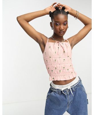 Native Youth palm tree shirred embroidered cami top in pink