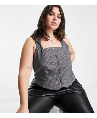 Native Youth Plus cami fitted top with button front in grey pinstripe (part of a set)