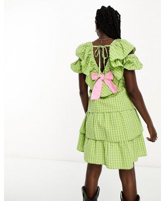 Neon Rose contrast bow ruffle gingham mini dress in green