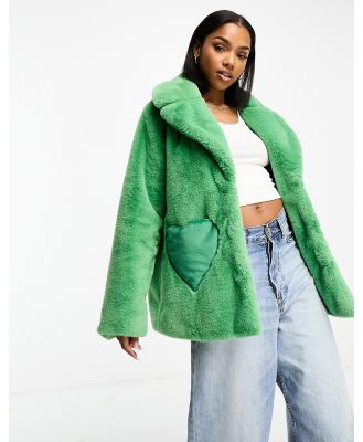 Neon Rose faux fur heart pocket detail coat in green