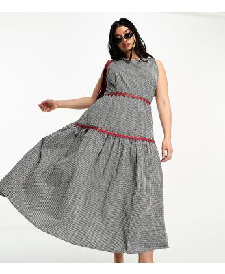 Neon Rose Plus gingham midaxi dress in black and white with strawberry embroidery