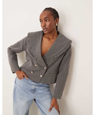 Neon Rose ruffle edge cropped sparkle pinstripe blazer in grey