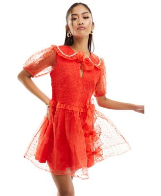 Neon Rose shirred bust dobby tulle mini dress in red